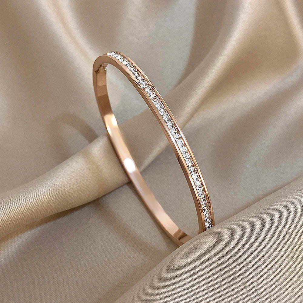 Glossy Rhinestone Stainless Steel Bangles Bracelets for Women Fashion Gold Silver Color Stacked Cuff Bracelet Jewelry Gifts