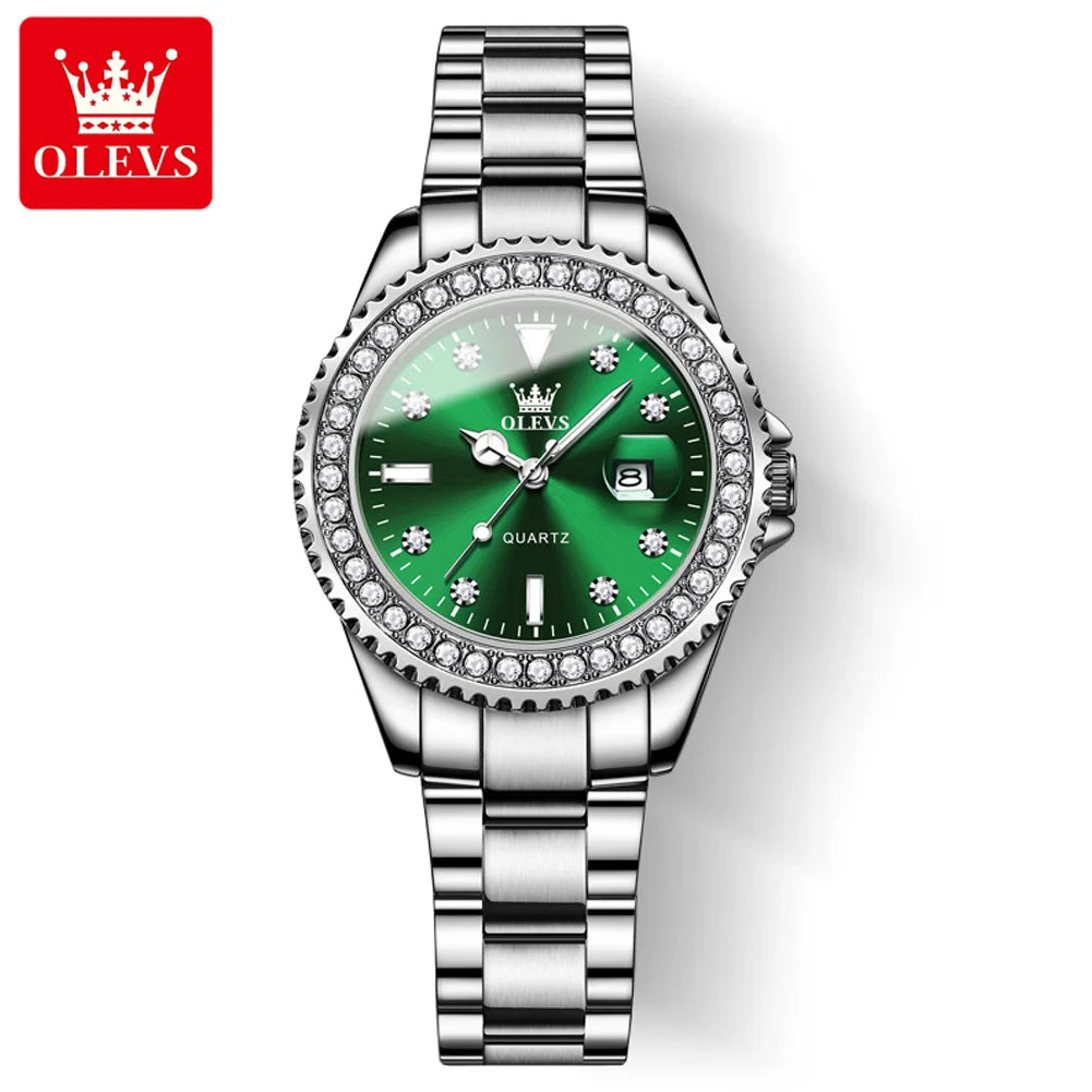 OLEVS 9945 Montre à quartz originale de marque supérieure pour femmes Montre-bracelet de luxe à calendrier à diamants en acier inoxydable pour femmes