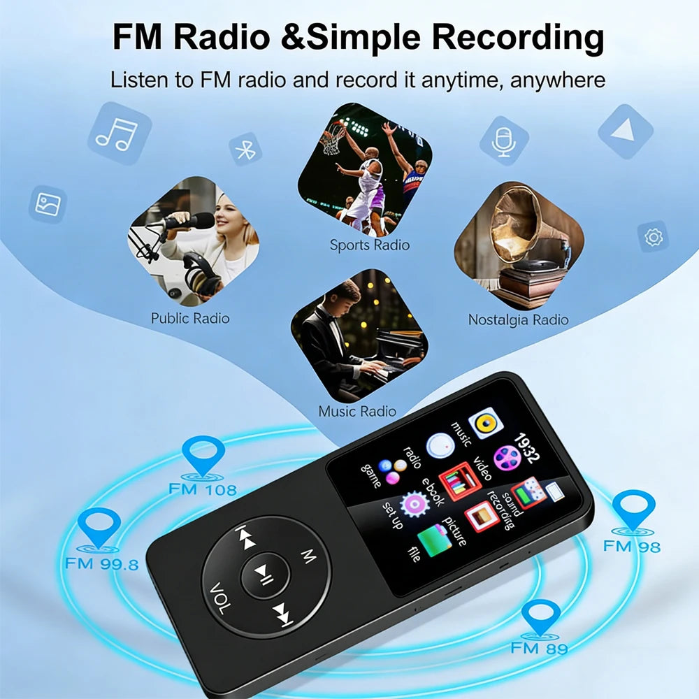 Lecteur MP3 Bluetooth 5.0 Lecteur de Musique Portable Écran 1,8 pouces Haut-parleur Intégré Lecteur de Musique Stéréo Support Radio FM Enregistrement E-Book