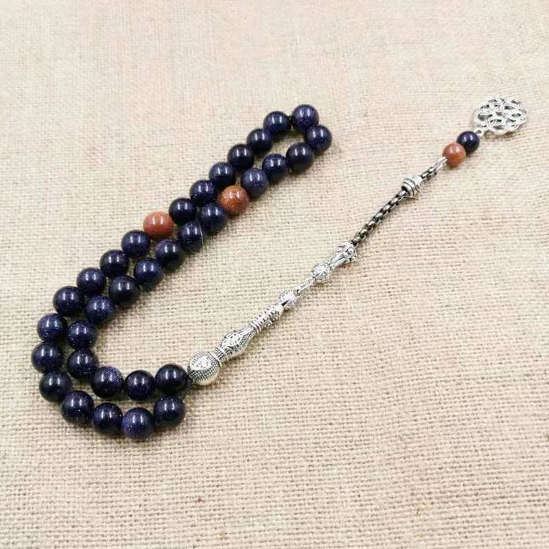 Natural Blue SandStone tasbih with Gold sandstone Muslim man's gfit For Eid 33 45 99 Paryer beads Special New misbaha bracelet