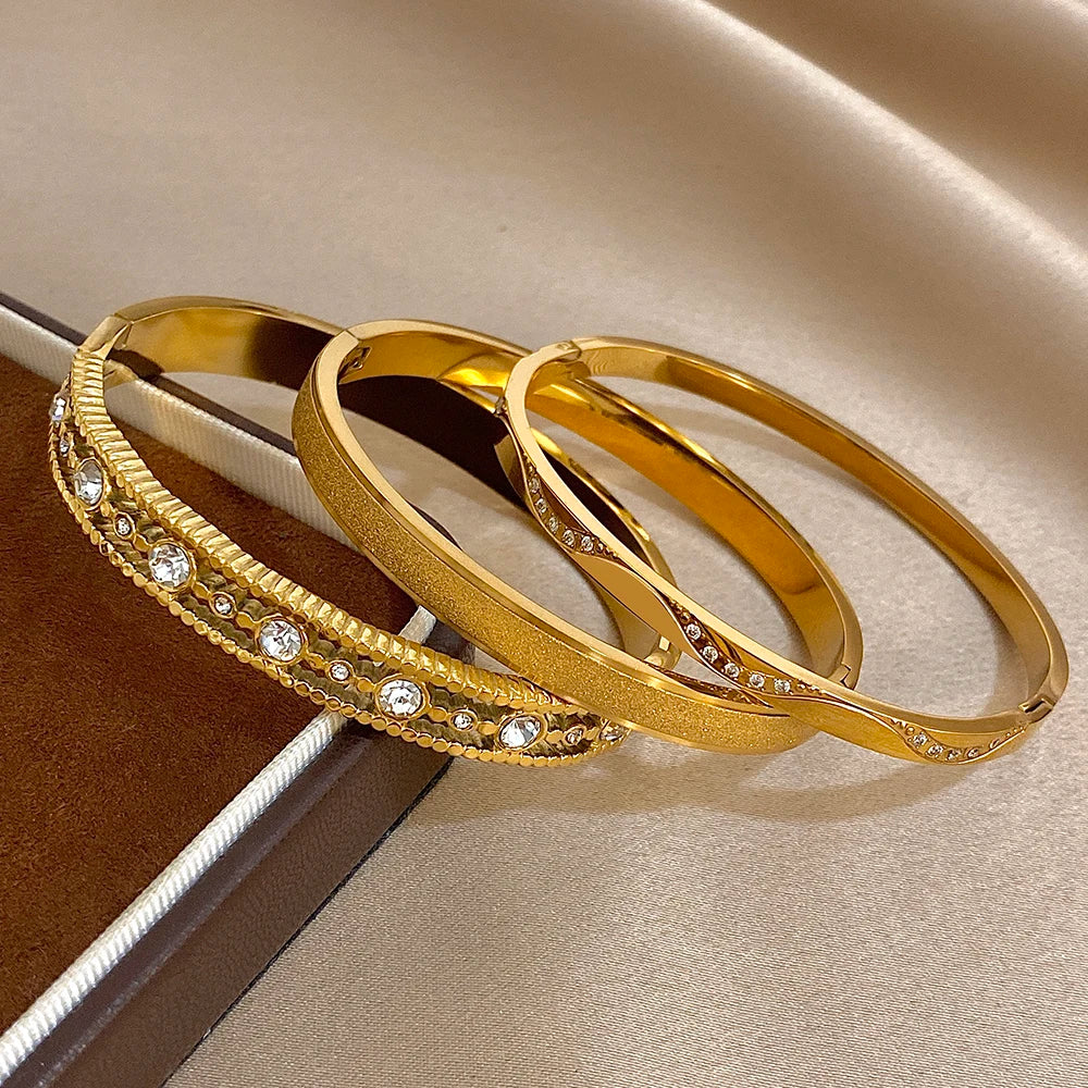 Exquis Bracelet Jonc Incrusté de Zircon Nouvelle Manchette Plaqué Or Femme Homme Géométrique Empilable Étanche Breloques Bijoux Cadeaux