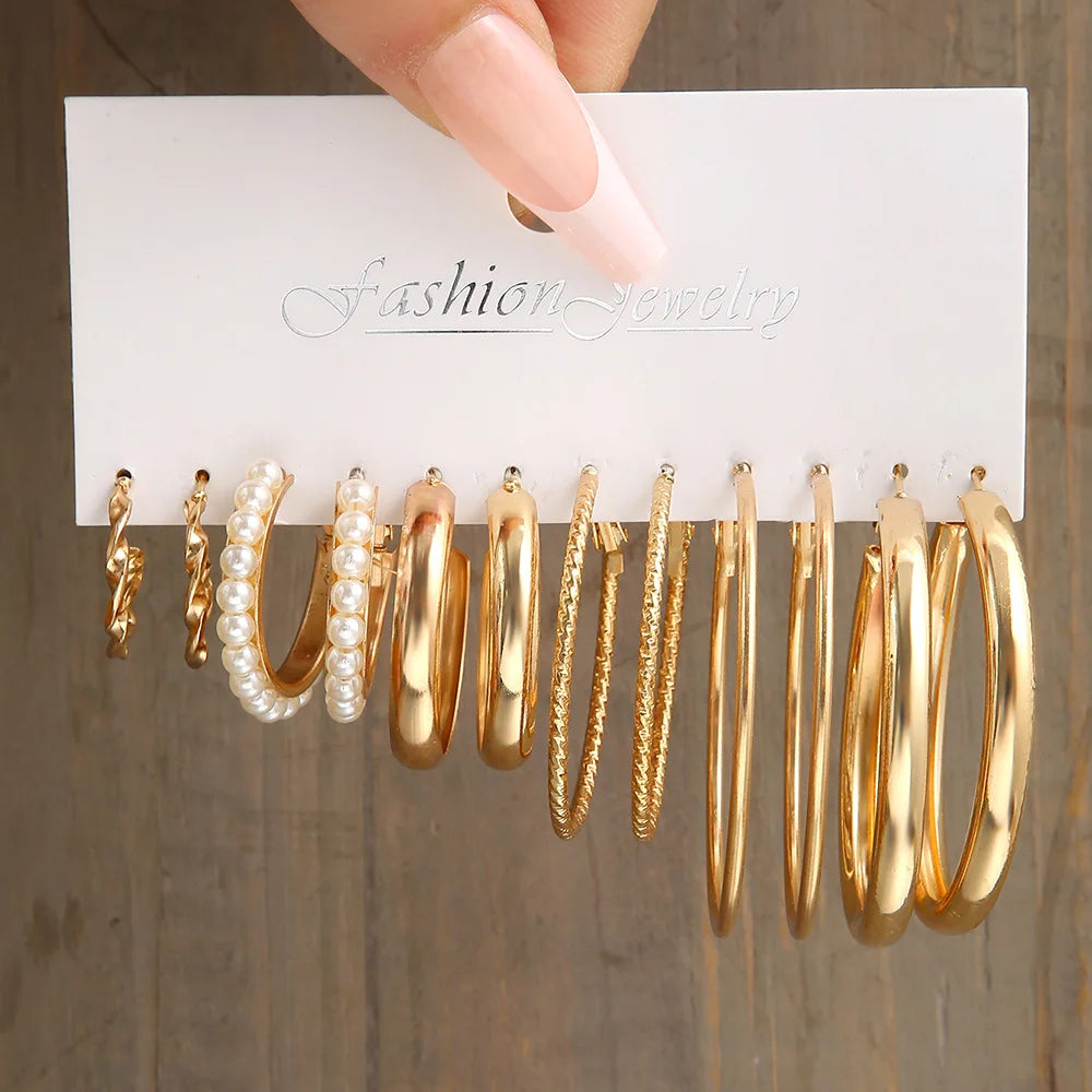 LATS Grand ensemble de boucles d'oreilles créoles bohèmes pour femmes, couleur or, style bohème, vintage, perle, boucles d'oreilles carrées, clous d'oreilles cœur en zircon, bijoux