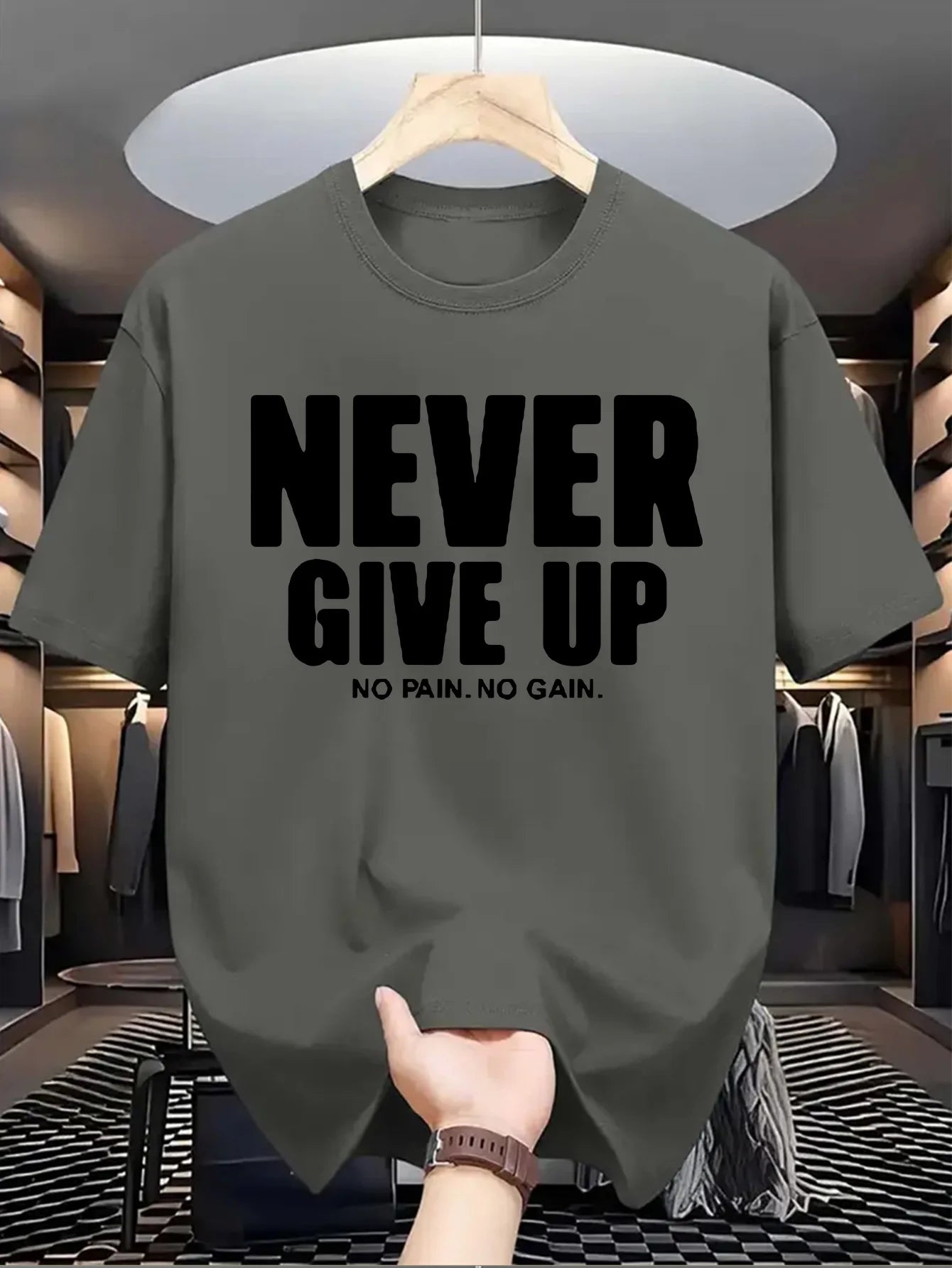 Men's 100% pure cotton fashionable casual loose sports never give up letter pattern printed round neck short sleeved T-shirt top