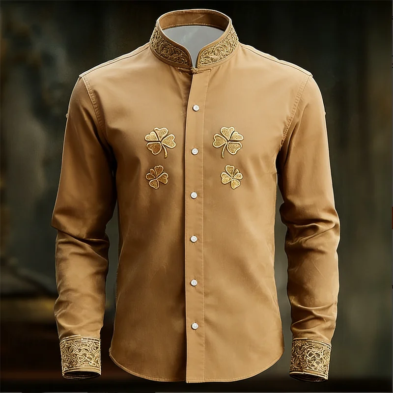 Nouvelle chemise homme à manches longues fleurie avec imprimé trèfle 3D doré, haut de chemise à manches longues tendance et luxueux