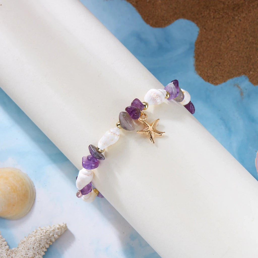 Bracelet Pendentif Étoile de Mer Bohème pour Femme, Bracelet Perlé en Pierres Concassées Fait à la Main, Bijou de Plage d'Été, Accessoire de Voyage, Cadeau