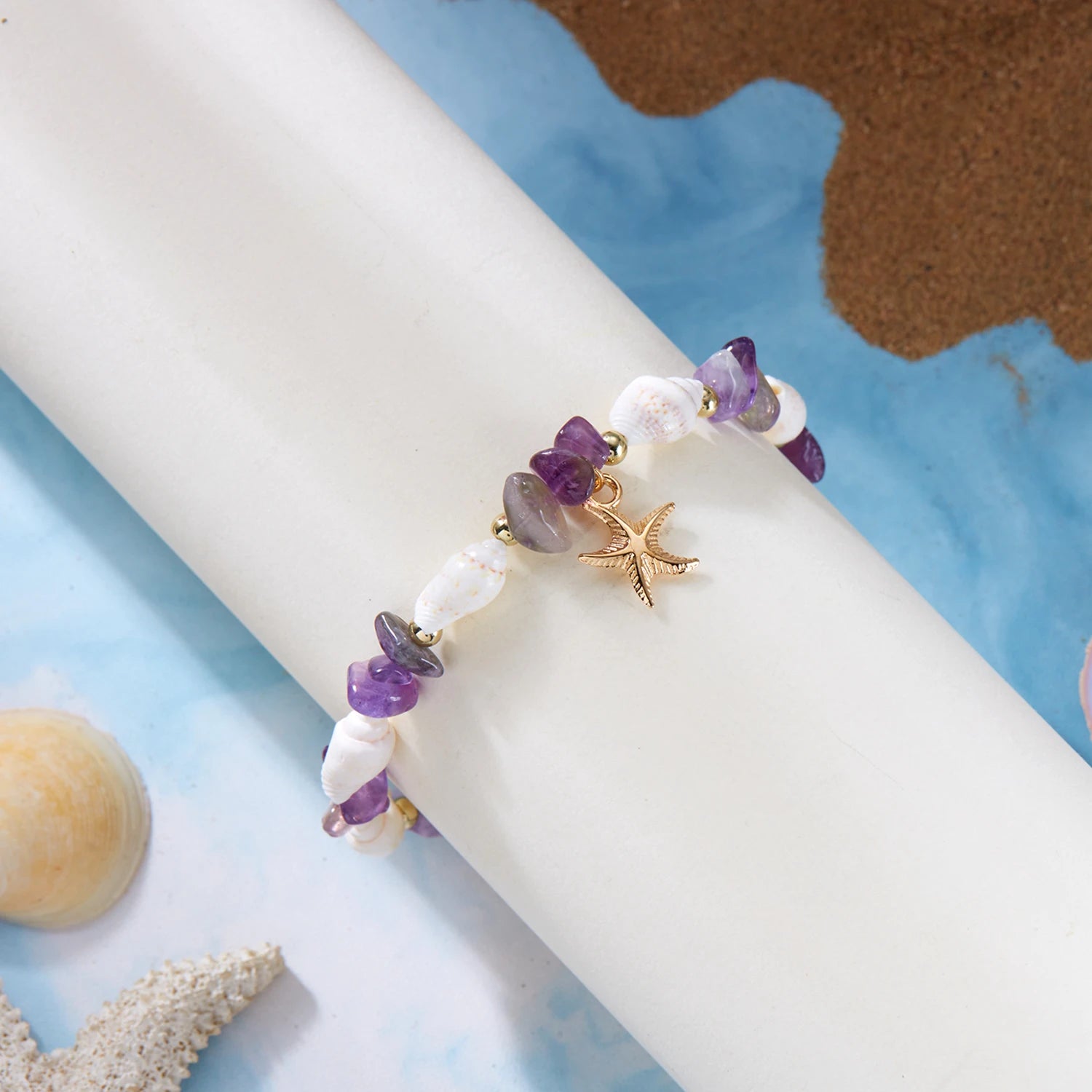 Bracelet Pendentif Étoile de Mer Bohème pour Femme, Bracelet Perlé en Pierres Concassées Fait à la Main, Bijou de Plage d'Été, Accessoire de Voyage, Cadeau