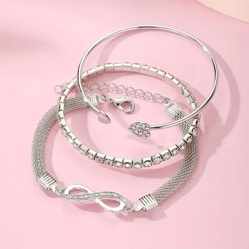Lot de 3 bracelets en cristal strass cœur vintage pour femmes, à la mode, géométriques, ajustables, manchette infini, bijoux cadeau