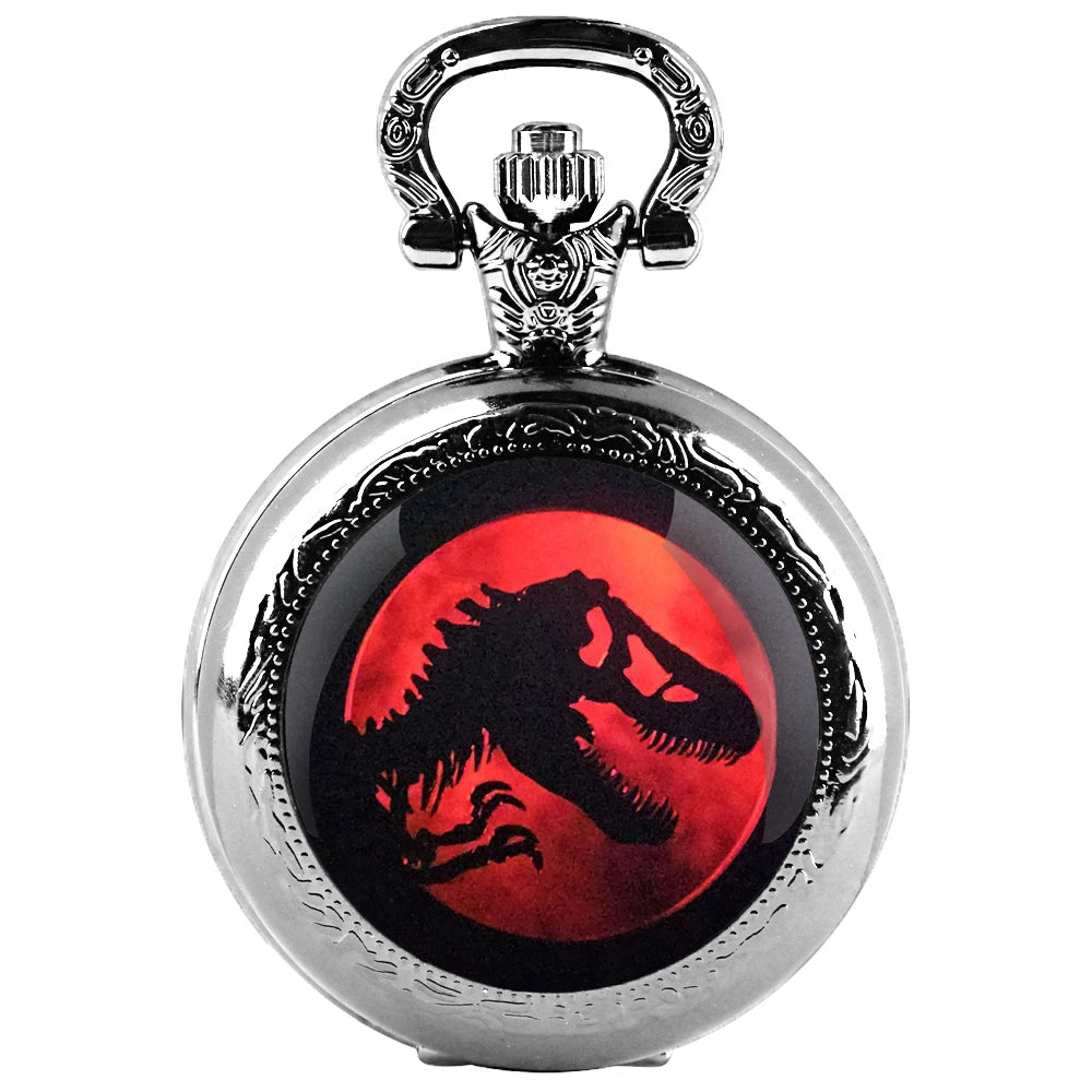 Cadeau Exquis Jurassic Park Dinosaure Dôme en Verre Montre de Poche à Quartz Collier Hommes Femmes Bijoux Uniques Pendentif Cadeaux d'Anniversaire