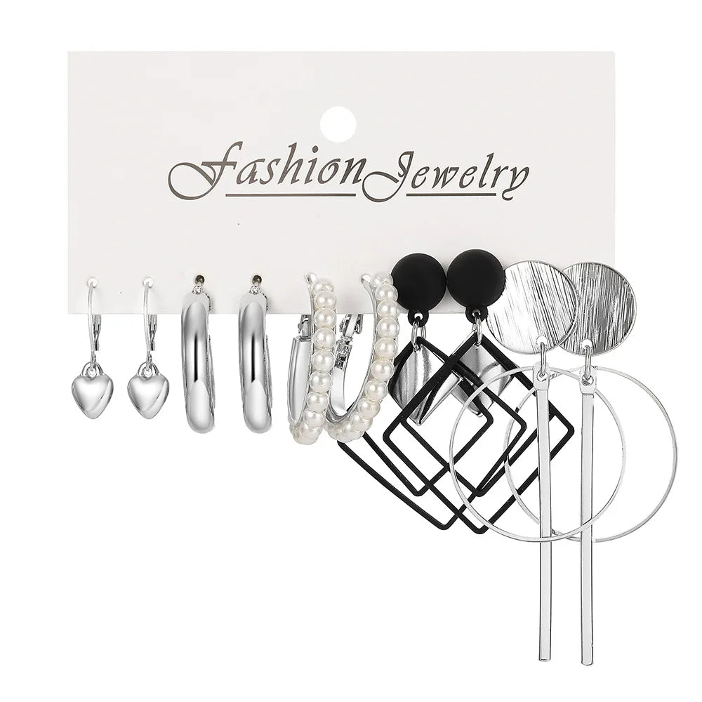 LATS Grand ensemble de boucles d'oreilles créoles bohèmes pour femmes, couleur or, style bohème, vintage, perle, boucles d'oreilles carrées, clous d'oreilles cœur en zircon, bijoux