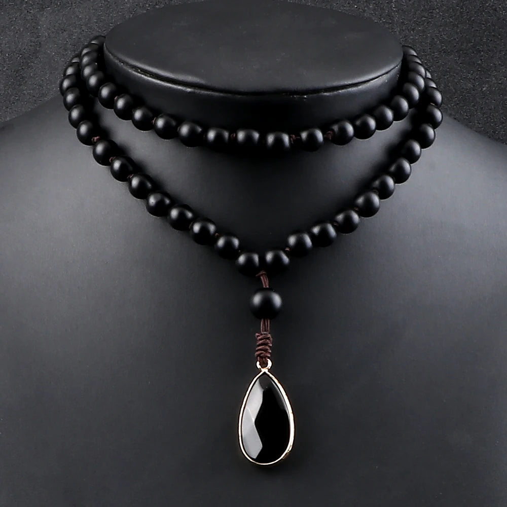 Collier pendentif goutte pour homme, fait à la main, perles d'onyx noir mat et brillant de 8 mm, collier chapelet pour femme, bijoux de yoga et de méditation, cadeaux