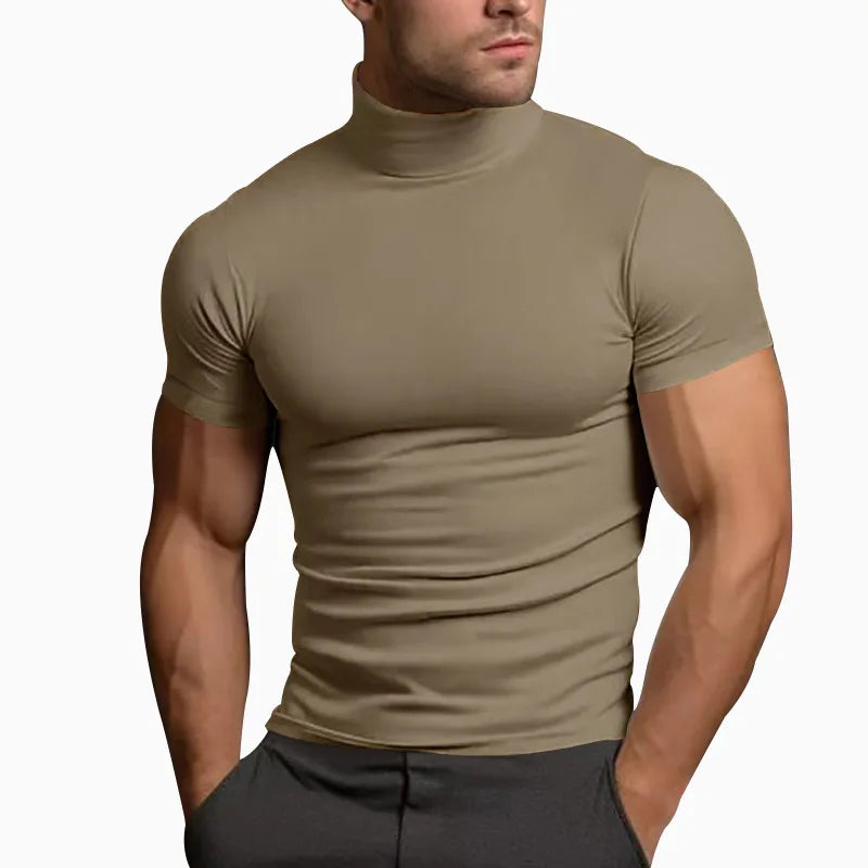 T-shirt à col roulé serré pour homme, couleur unie, mode, manches courtes, été 2024, Amazon transfrontalier