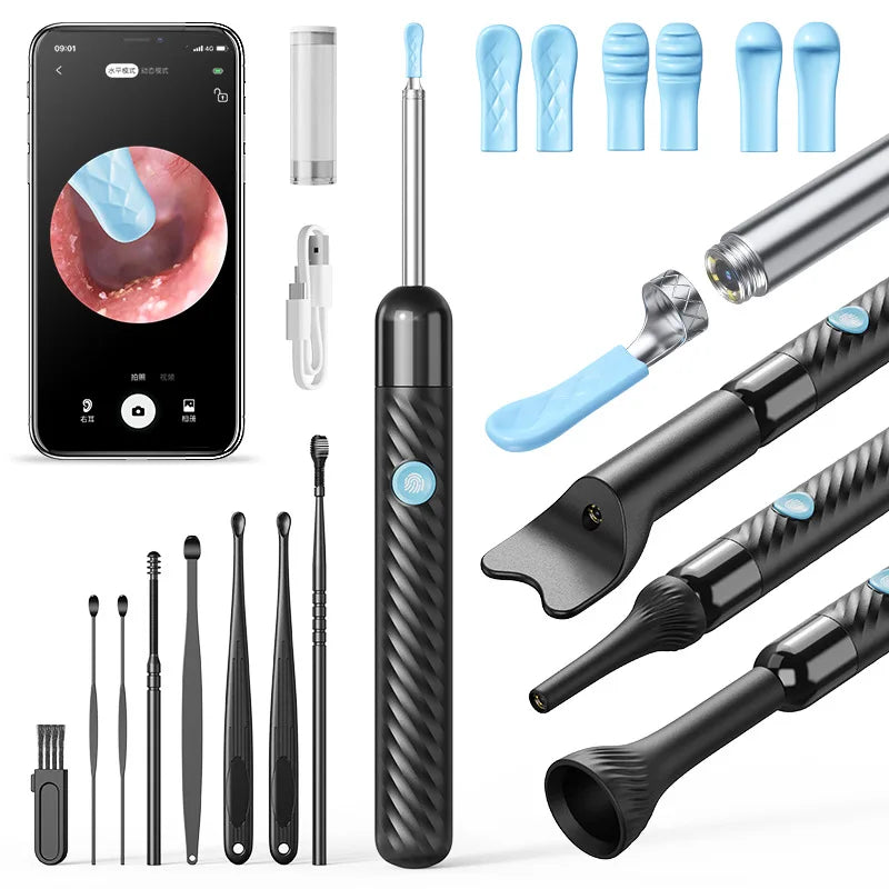 Élimination sans fil du cérumen avec caméra Nettoyeur d'oreille rechargeable Caméra HD avec kit de curettes Nettoyage du conduit auditif