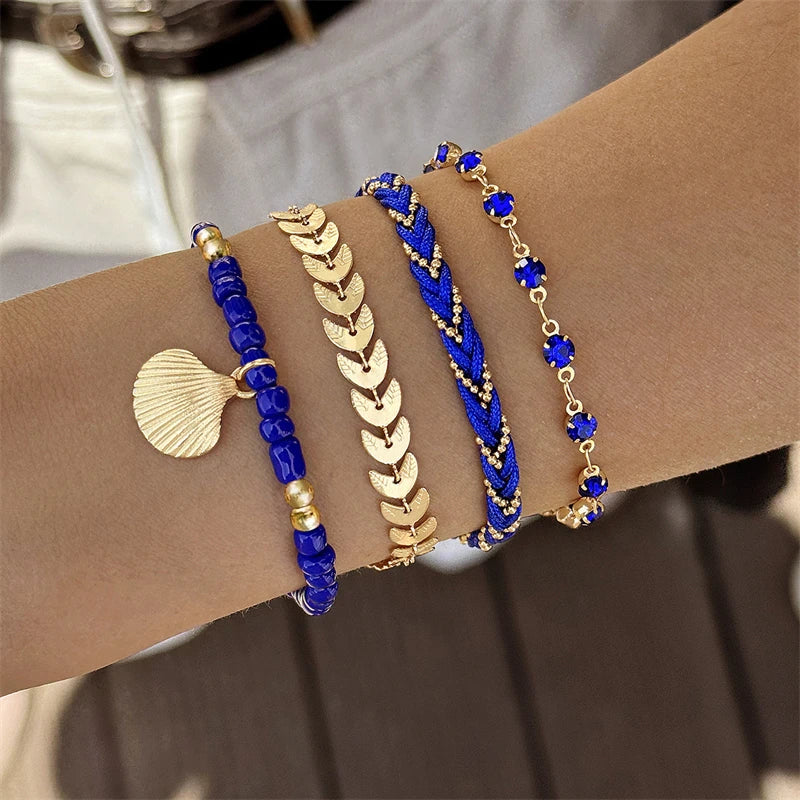 Lot de 4 bracelets bohèmes en coquillage pour femme, style ethnique, perles de riz colorées en zircon, chaîne en métal, bijoux de plage d'été pour fille