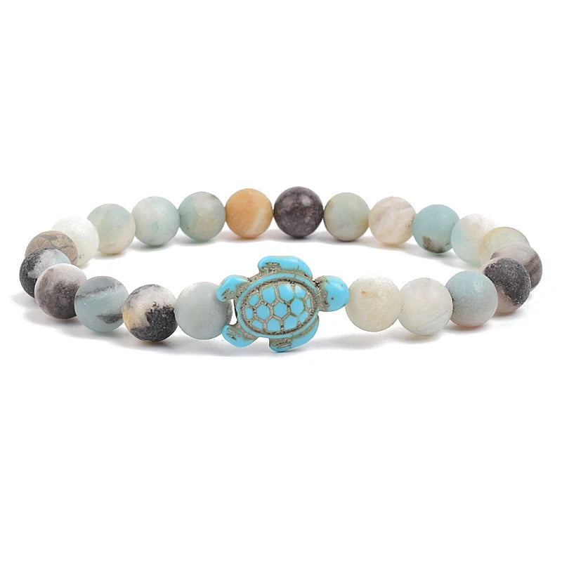 Bracelet perles tortues de mer 8 mm Turquoise Pierre Naturelle Élastique Extensible Femmes Hommes Amitié Bijoux d'Été Plage Cadeaux