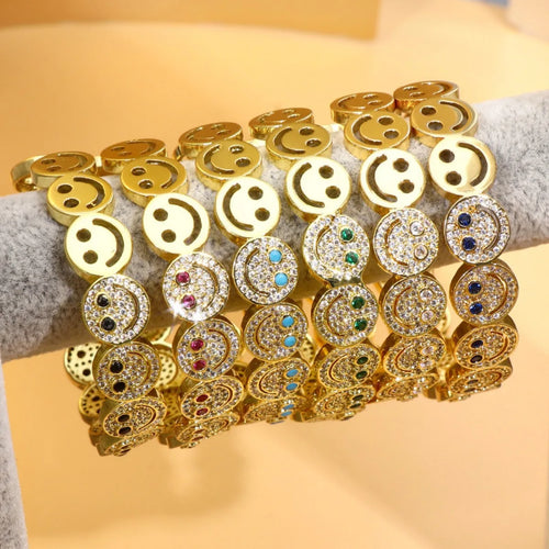 Bracelet manchette rond souriant en cuivre plaqué or avec zircone cubique 2025, nouveau, simple, pour femme, cadeau de fête classique