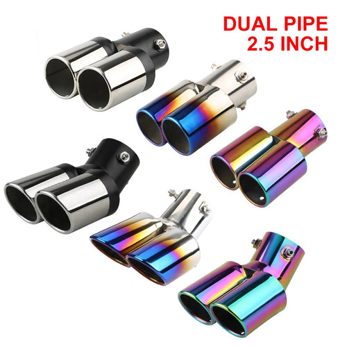1PC 2,5" Entrée Décoration Chrome Tuyau d'échappement Style de voiture Garniture d'échappement de voiture Silencieux Tuyau d'échappement en acier inoxydable Double sortie courbée