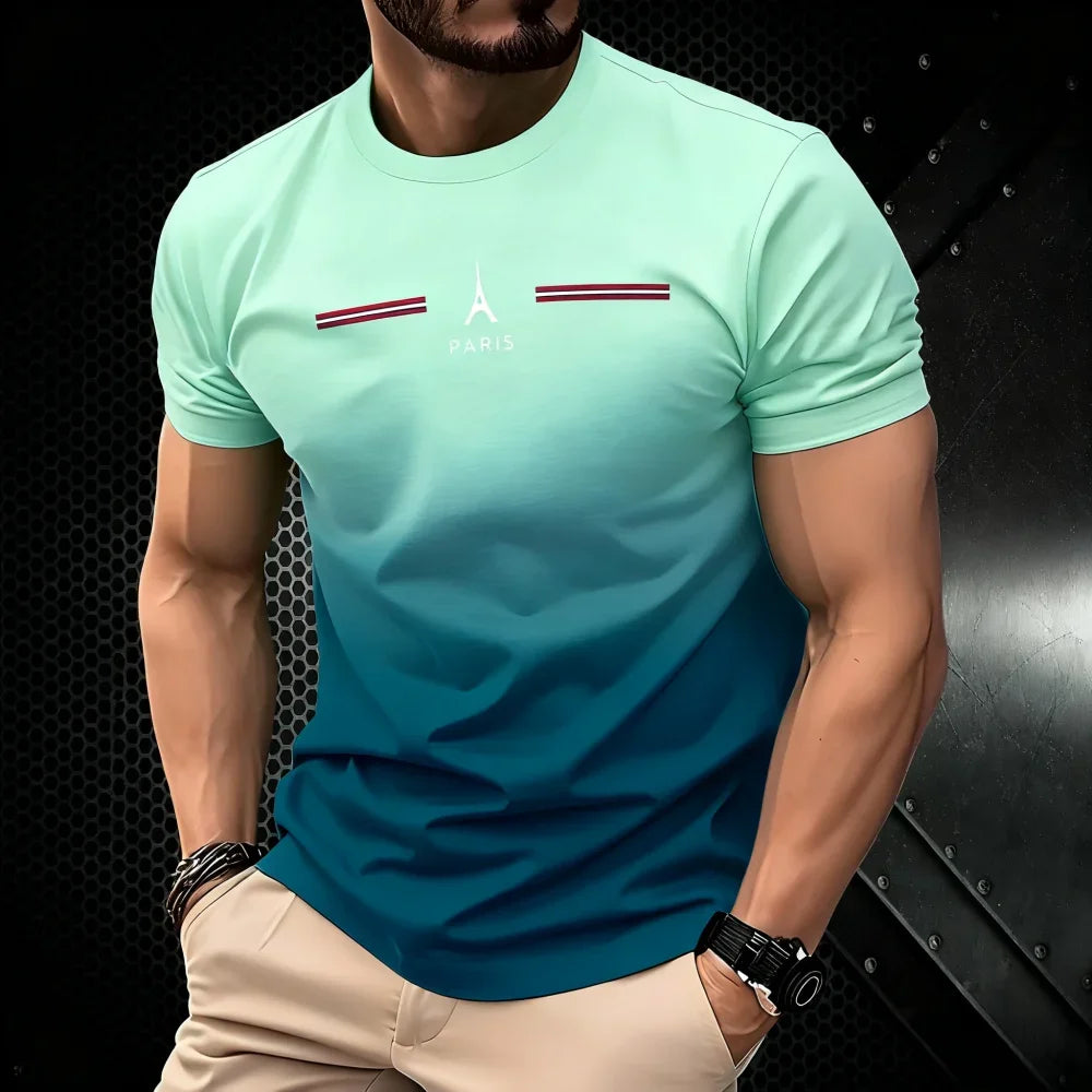 T-shirt homme d'été dégradé 3D simple avec impression Paris, vêtement décontracté, coupe oversize, col rond, manches courtes, pour le sport