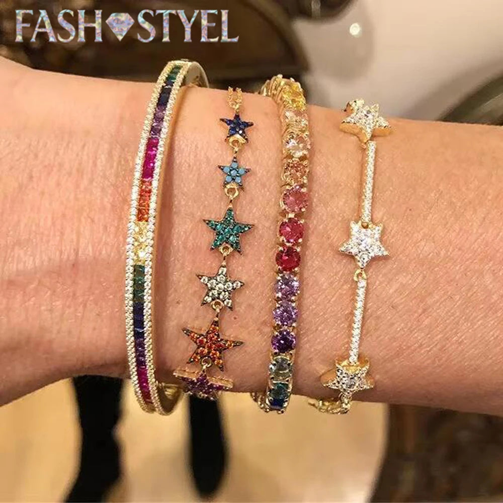 سوار سلسلة عبودية على شكل نجوم زركونيا كريستالية عصرية للنساء، سوار يدوي بلون فضي مع سحر النجوم، سوار CZ رقيق