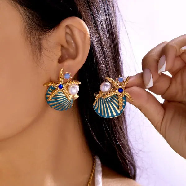 Boucles d'oreilles clous en forme d'étoile de mer et coquillage en métal pour femmes, élégantes, avec strass bleus et perles d'imitation, bijoux doux pour jeunes filles