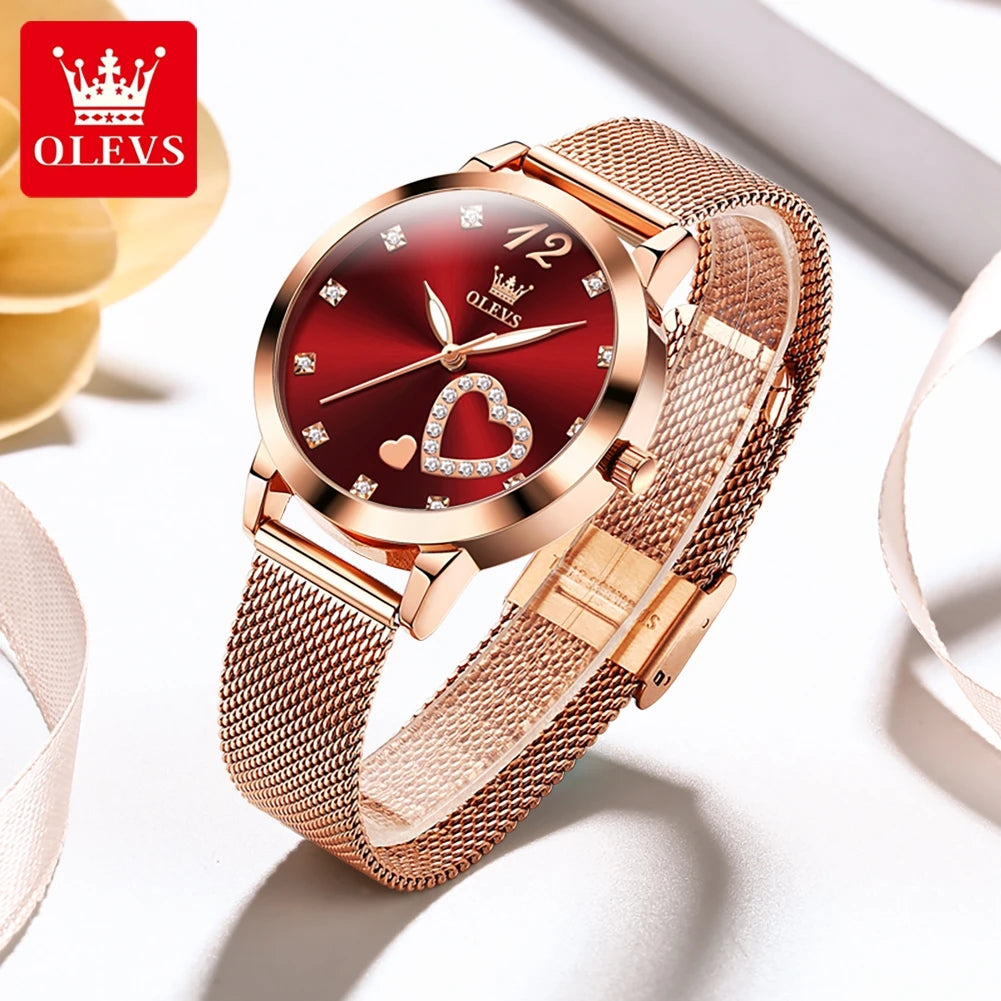 OLEVS 5189 Montre Femme Quartz Montre-Bracelet Décontractée Mode pour Femmes Étanche Lumineuse Maille Ceinture Cadran Amour Échelle Zircon