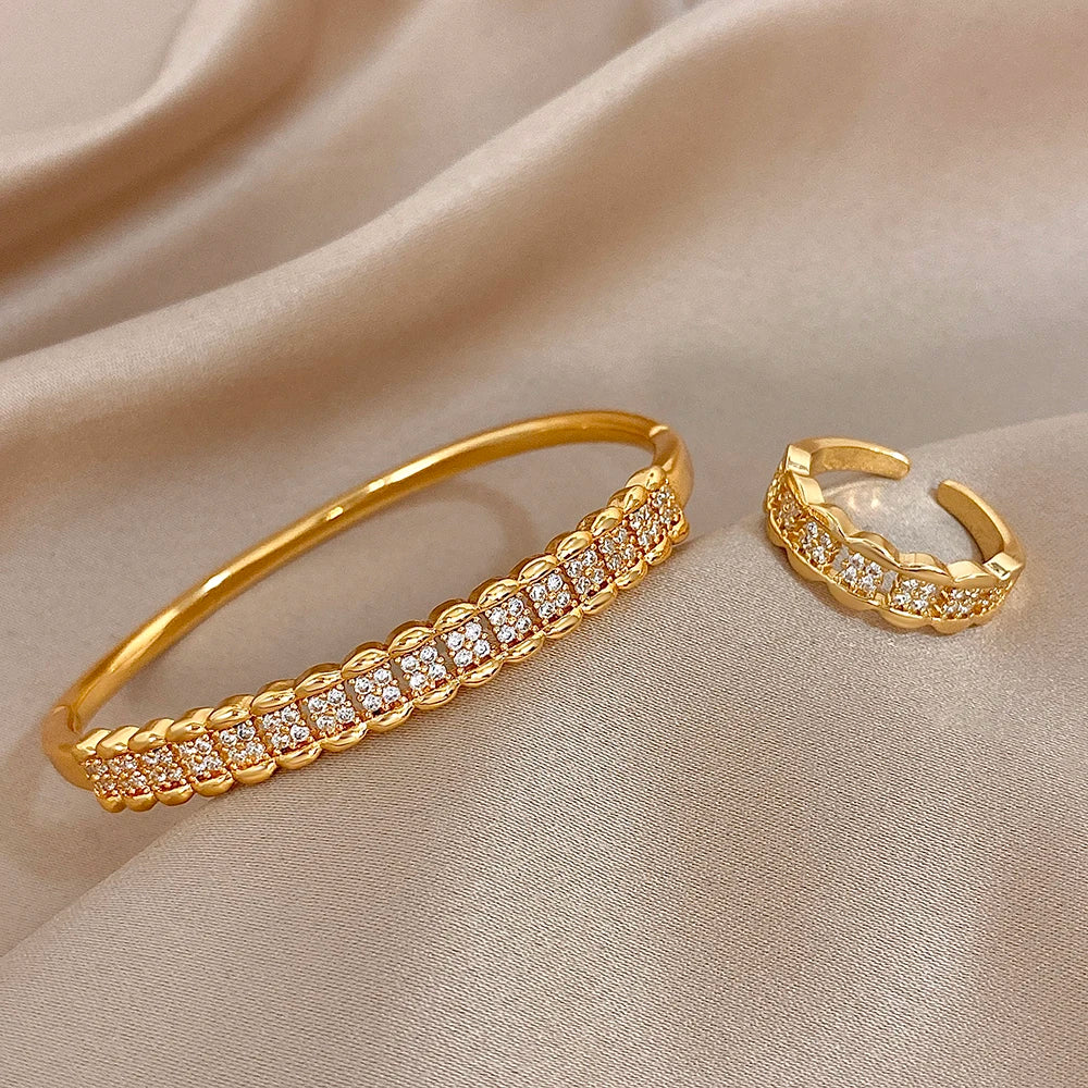 Bracelet et bague manchette multicouche de luxe en zircon micro-incrusté pour femmes, bracelets et bagues en cuivre plaqué or élégants, bijoux de mode