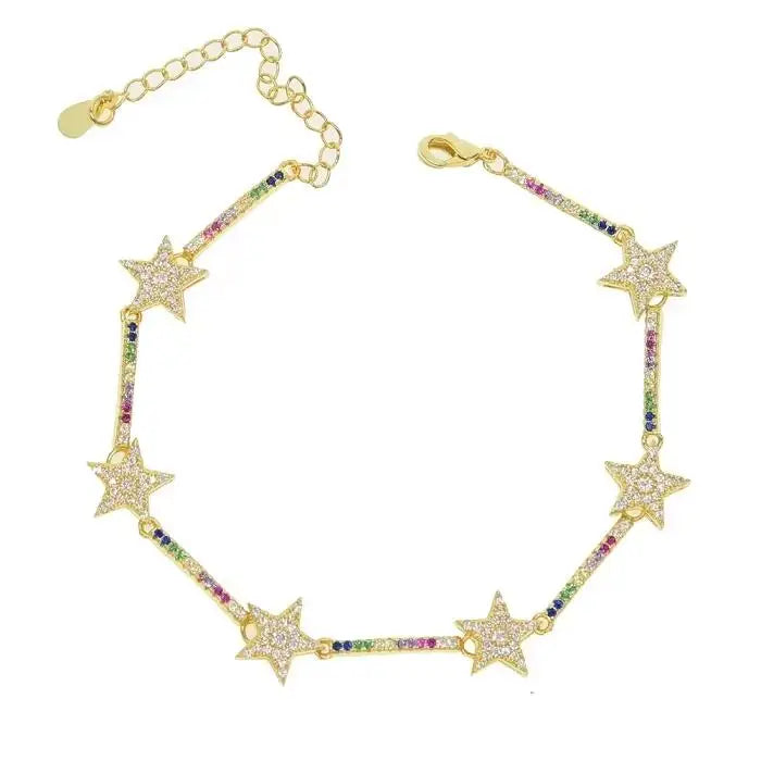 Bracelet Chaîne Esclave Étoiles en Cristal de Zirconium Tendance pour Femmes, Bracelets Breloques Étoiles Couleur Argent Délicats en CZ