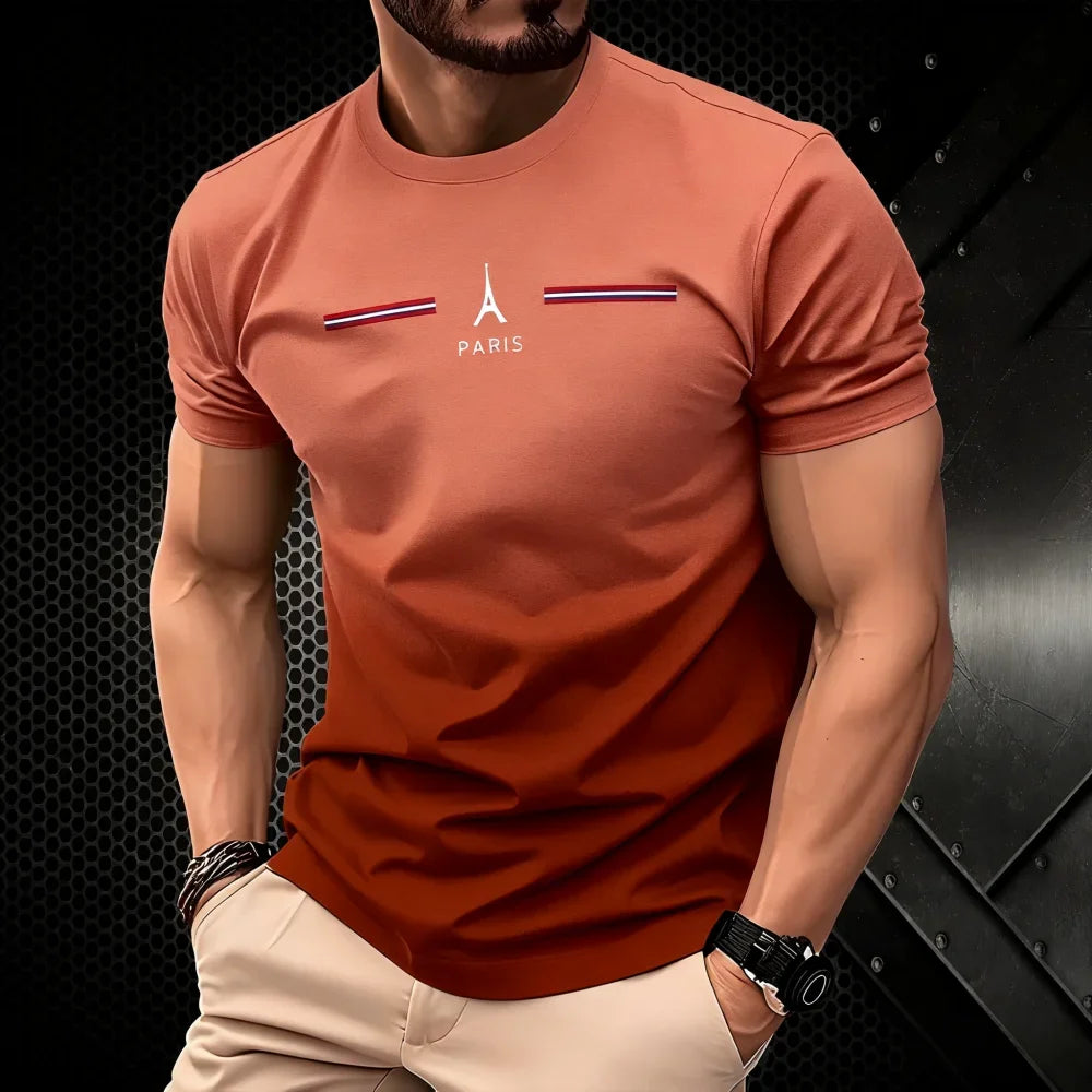 T-shirt homme d'été dégradé 3D simple avec impression Paris, vêtement décontracté, coupe oversize, col rond, manches courtes, pour le sport