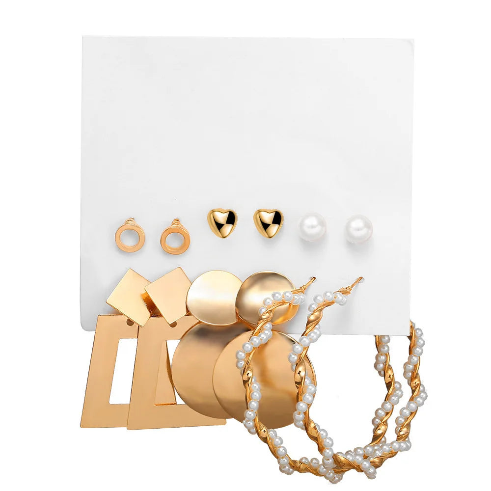 LATS Grand ensemble de boucles d'oreilles créoles bohèmes pour femmes, couleur or, style bohème, vintage, perle, boucles d'oreilles carrées, clous d'oreilles cœur en zircon, bijoux