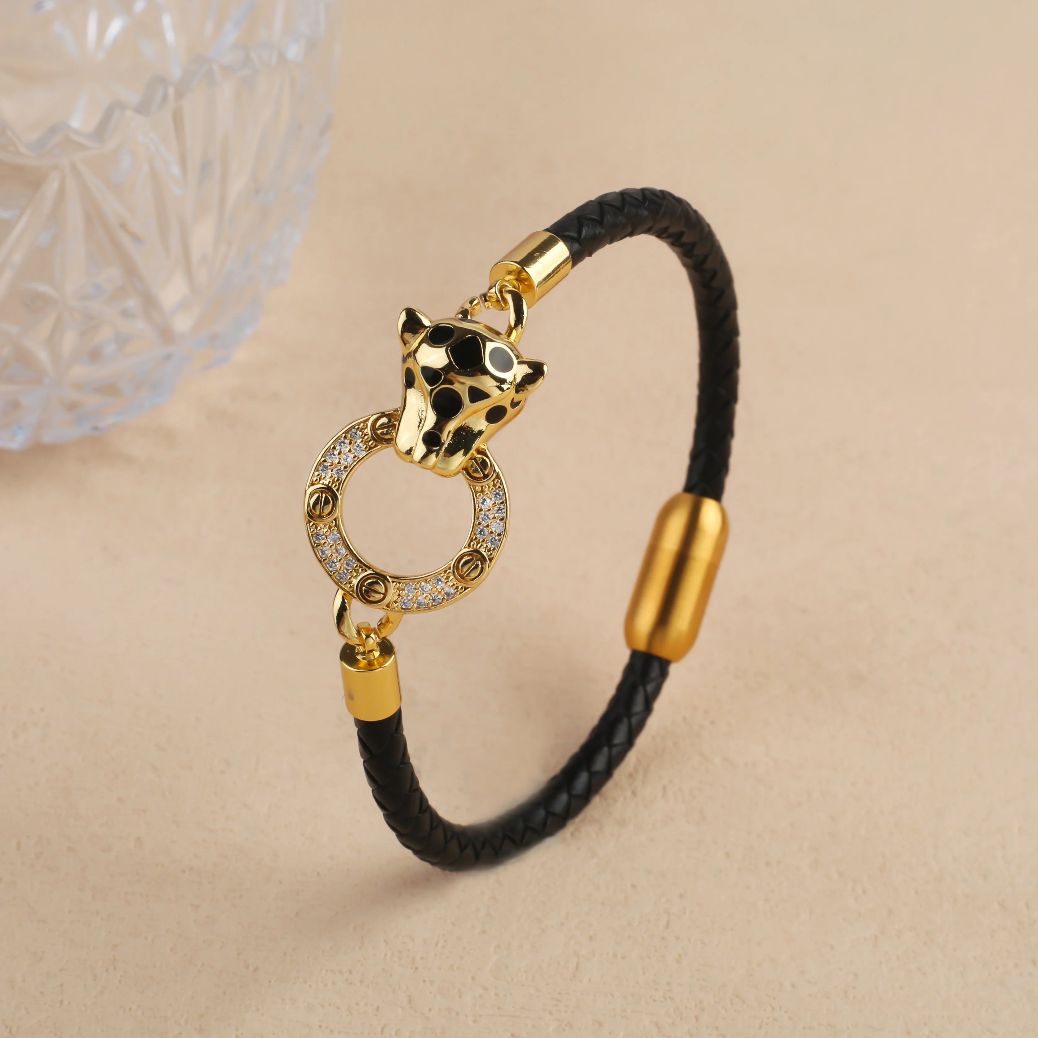 Bracelet Cordon Cuir Tressé Tête de Léopard Style Animal Bully Mode Homme Femme Bijoux Acier Inoxydable Zirconia Quotidien