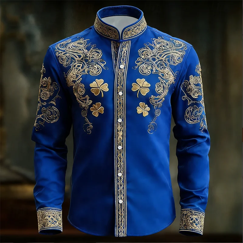 Nouvelle chemise homme à manches longues fleurie avec imprimé trèfle 3D doré, haut de chemise à manches longues tendance et luxueux