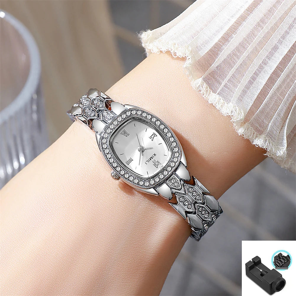 Montre à quartz de luxe pour femme, plaquée or, mode, simple, chiffres romains, tonneau, acier inoxydable, montre d'affaires, bracelet à boucle de qualité