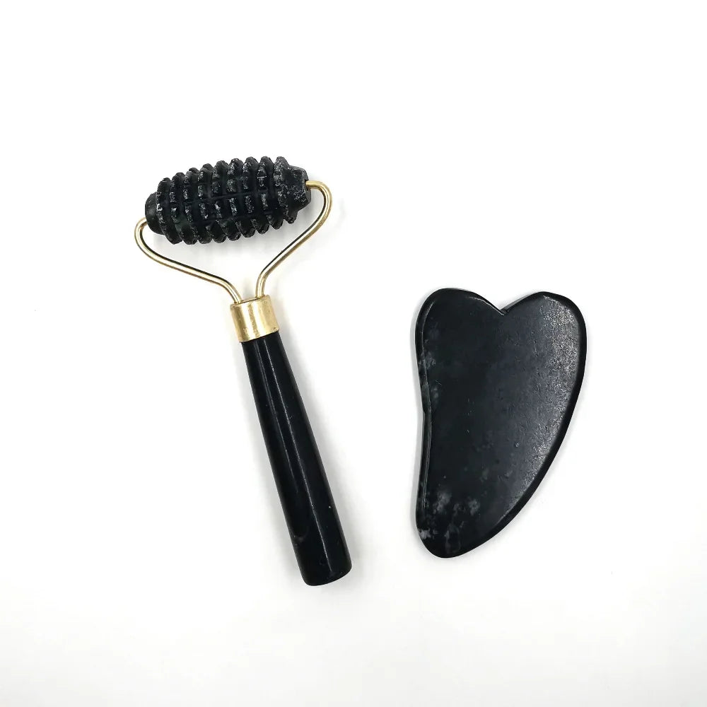 Rouleau de massage en obsidienne de jade et grattoir Gouache pour le visage, outils de soin de la peau, masseurs et rouleaux de beauté naturels pour le corps et le dos