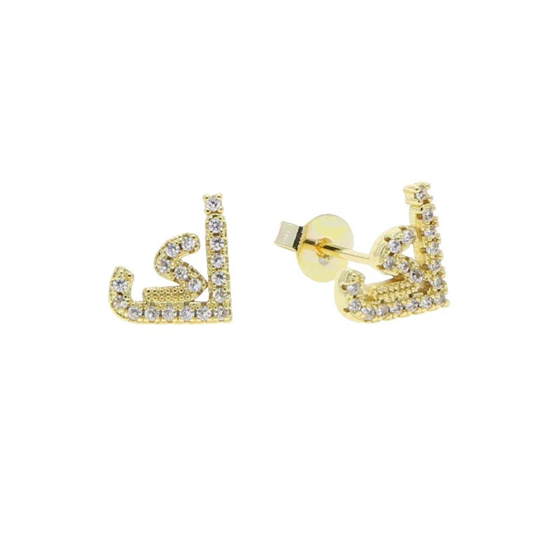 Boucles d'oreilles clous alphabet lettre arabe, micro-serties de zirconiums cubiques, couleur or, minimalistes et délicates, pour femmes et jeunes filles, vente en gros