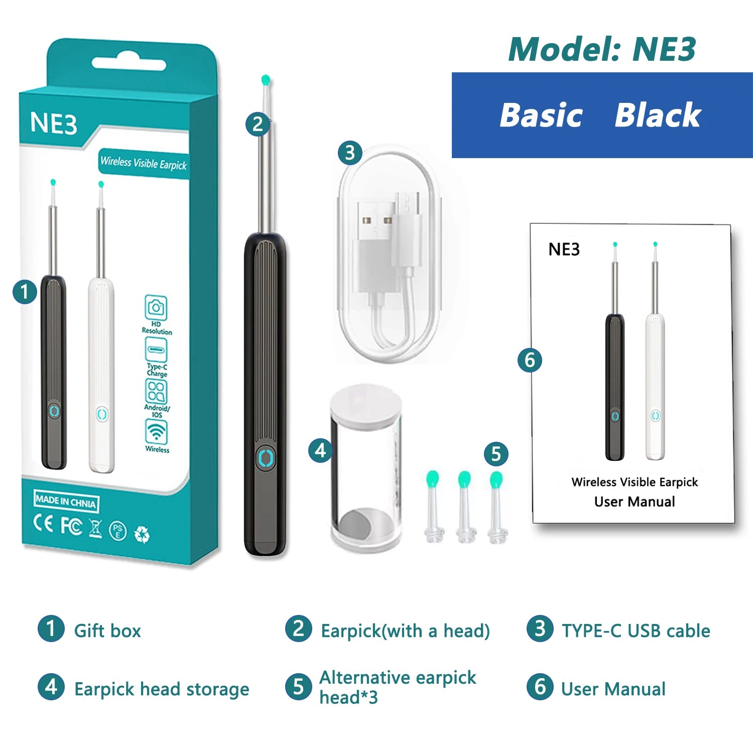 Nettoyeur d'oreilles visuel intelligent HD Bâtonnets auriculaires Otoscope USB C Endoscope de charge Outil de retrait de cérumen Pince à épiler Mini caméra Ensemble de soins de santé