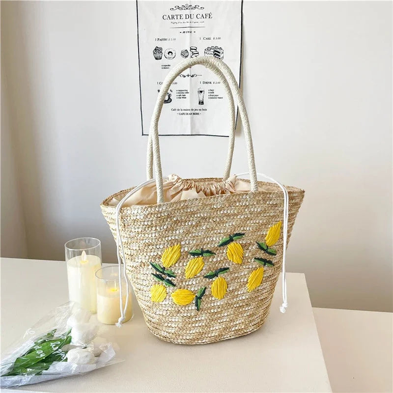 Sac à bandoulière en broderie de fruits, couleur unie, en paille tressée creuse et polyvalente 2025, sacs de haute qualité pour femmes, nouveaux sacs à main de plage