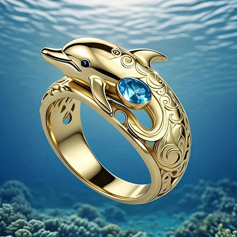 Bagues pour femmes Huitan au design chic de dauphin Bagues animales océaniques avec zircon cubique bleu Cadeaux Bijoux de mode à porter au quotidien