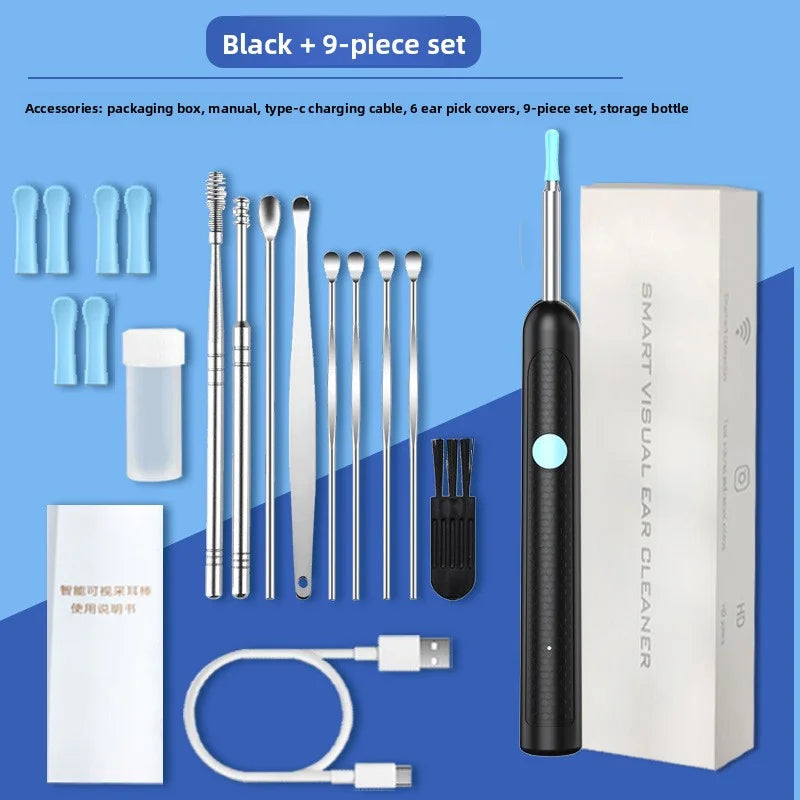 Élimination sans fil du cérumen avec caméra Nettoyeur d'oreille rechargeable Caméra HD avec kit de curettes Nettoyage du conduit auditif