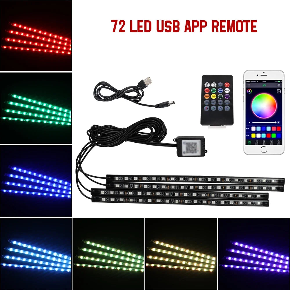 Lampe d'ambiance LED pour voiture avec USB, télécommande sans fil, contrôle musical, modes multiples, lumières décoratives intérieures pour automobile