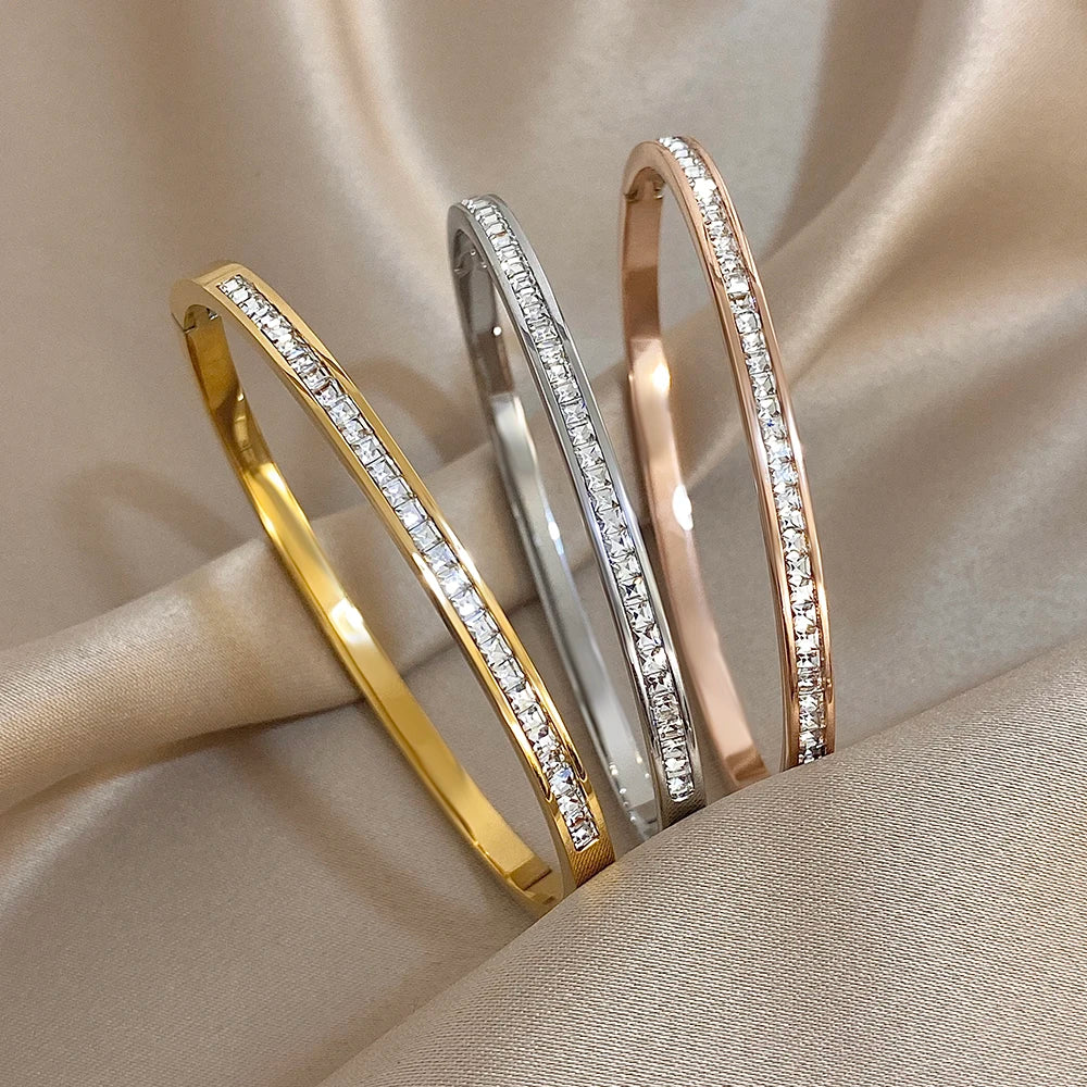Glossy Rhinestone Stainless Steel Bangles Bracelets for Women Fashion Gold Silver Color Stacked Cuff Bracelet Jewelry Gifts
