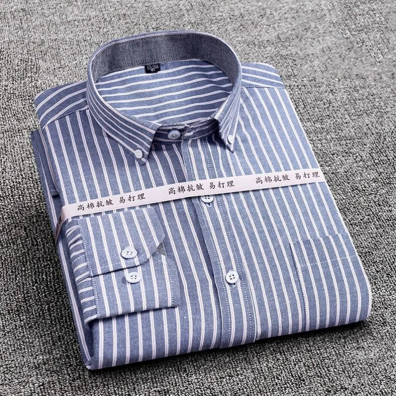 Chemise décontractée à manches longues en oxford à rayures et carreaux pour homme, confortable, respirante, à col boutonné, coupe ajustée, pour affaires
