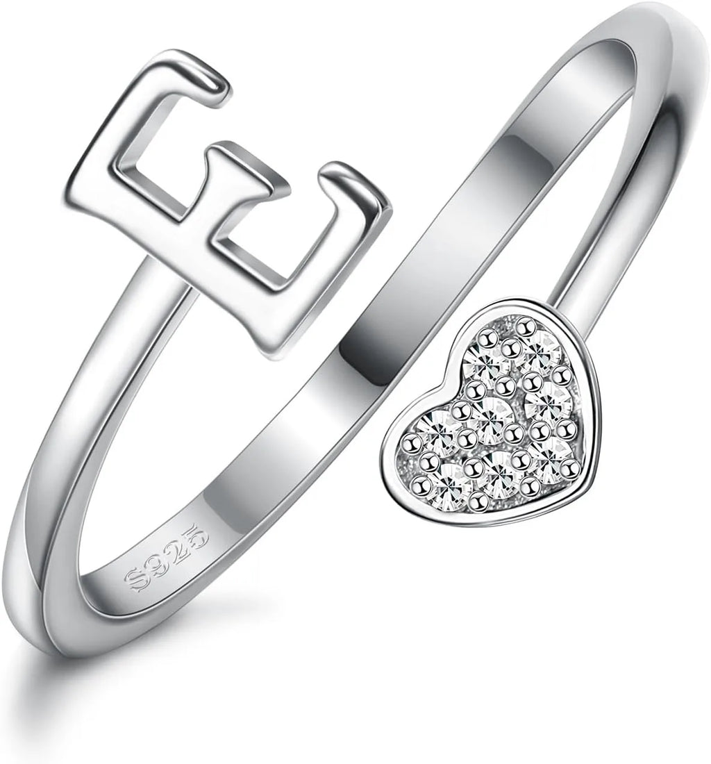 Fansilver Bagues initiales en argent sterling 925, bagues empilables réglables en forme de cœur, jolies bagues alphabétiques en forme de cœur, cadeau pour elle