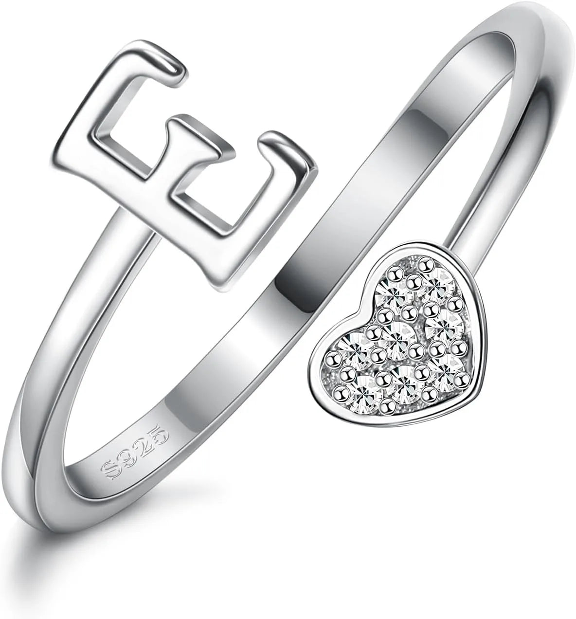 Fansilver Bagues initiales en argent sterling 925, bagues empilables réglables en forme de cœur, jolies bagues alphabétiques en forme de cœur, cadeau pour elle