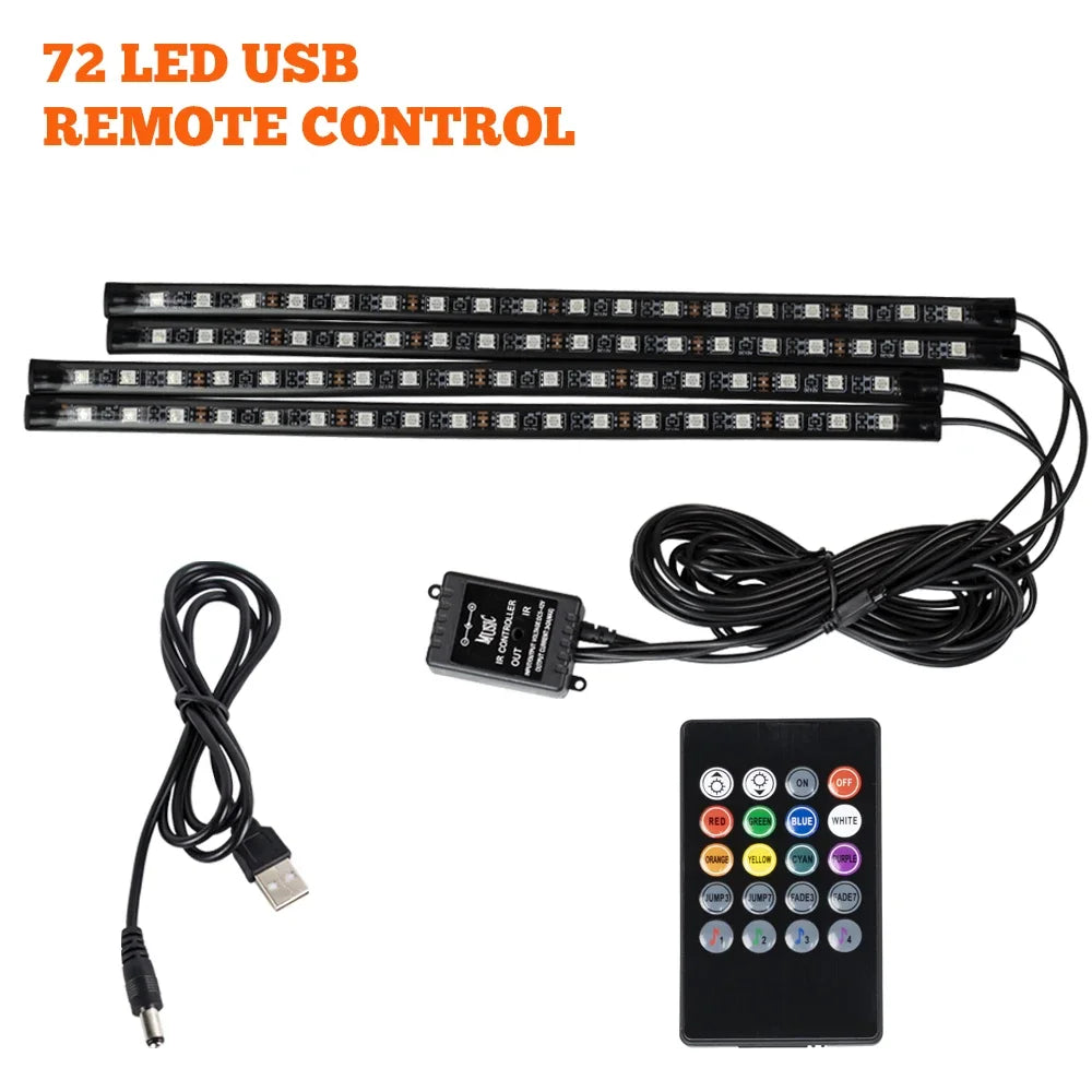 Lampe d'ambiance LED pour voiture avec USB, télécommande sans fil, contrôle musical, modes multiples, lumières décoratives intérieures pour automobile