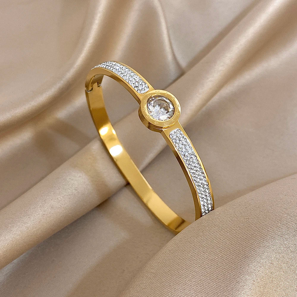 Nouveau Bracelet Manchette en Acier Inoxydable Étanche pour Femme Exquis Brillant Incrusté de Zircon Géométrique Superposable Bijoux Cadeaux