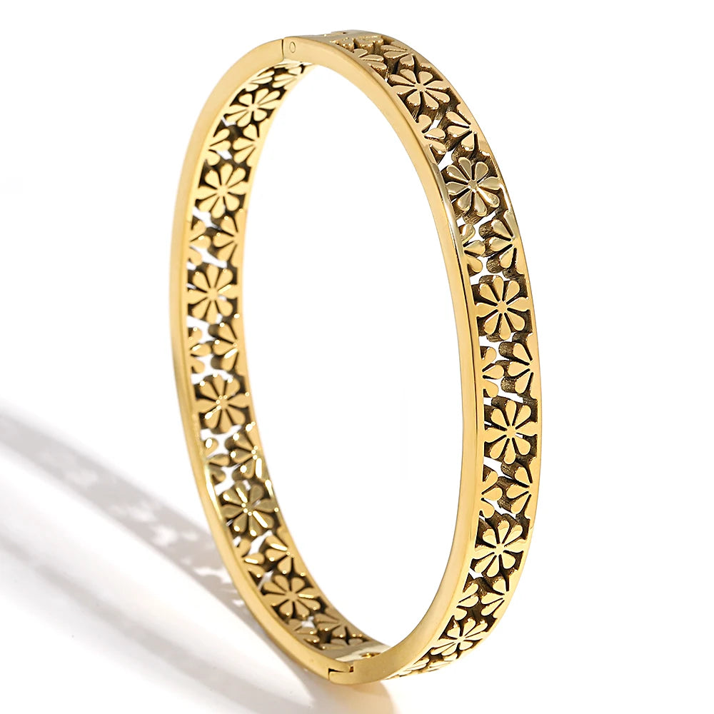 Bracelet jonc manchette en strass fleur creuse en acier inoxydable rétro, bijoux à breloques empilables imperméables pour femmes, cadeaux