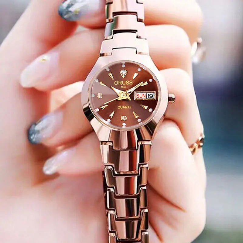 Montre Femme ORUSS de marque tendance, en acier inoxydable de haute qualité, étanche, avec aiguille lumineuse, calendrier de la semaine, élégance, montre à quartz pour femme.