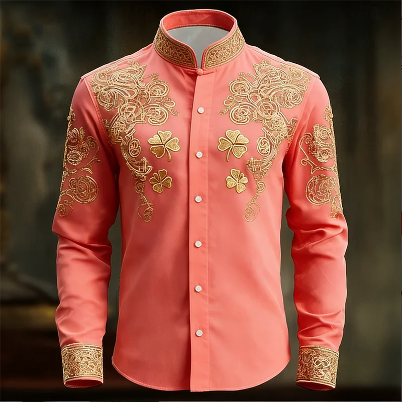 Nouvelle chemise homme à manches longues fleurie avec imprimé trèfle 3D doré, haut de chemise à manches longues tendance et luxueux