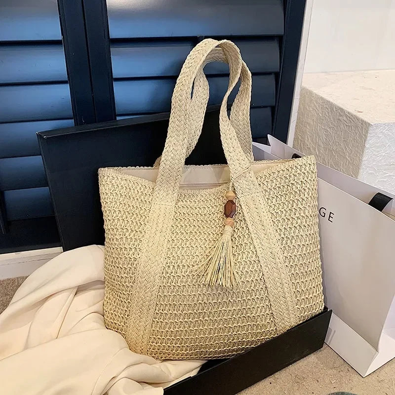 Sac à main élégant en paille tissée pour femme - Sac fourre-tout décontracté pour les vacances à la plage, les trajets quotidiens - Sacs à main rétro à bandoulière tendance 2024