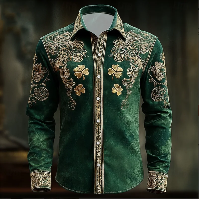 Nouvelle chemise homme à manches longues fleurie avec imprimé trèfle 3D doré, haut de chemise à manches longues tendance et luxueux