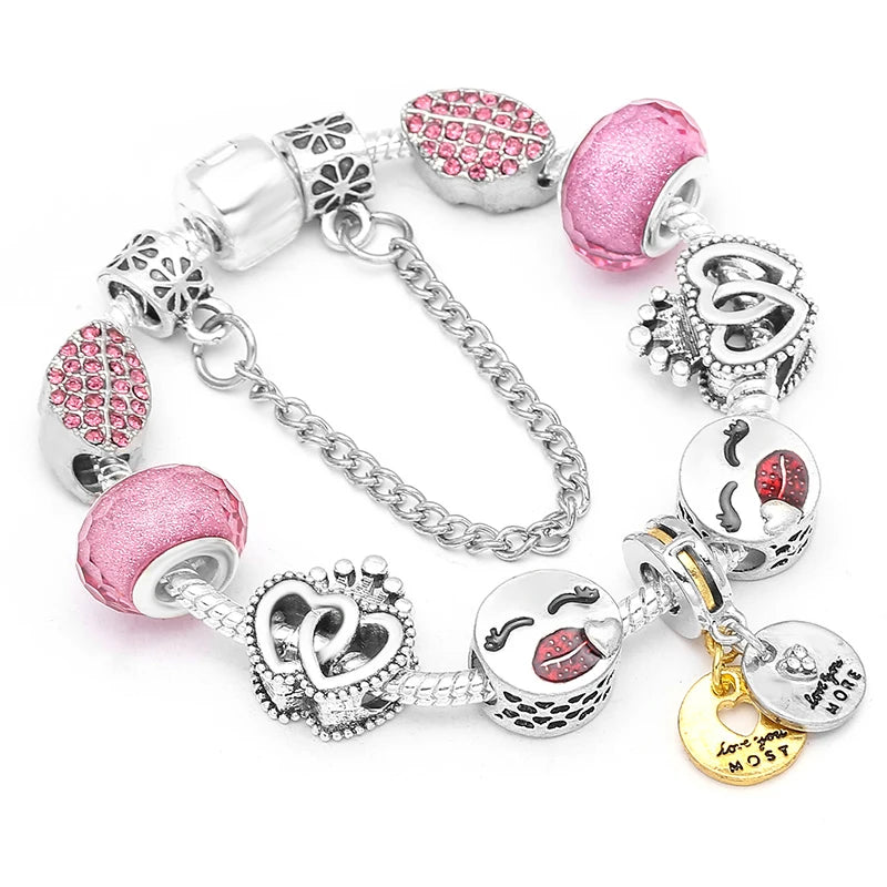 BAOPN Bracelets à breloques en perles cœur à cœur roses européennes pour femmes, bracelets et joncs de marque assortis, bijoux pour couple, livraison directe